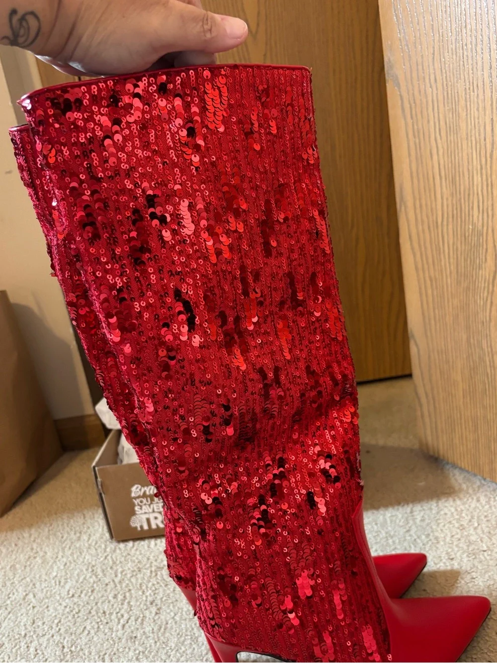 Red Sequin Over-the-Knee Stiletto Boots
